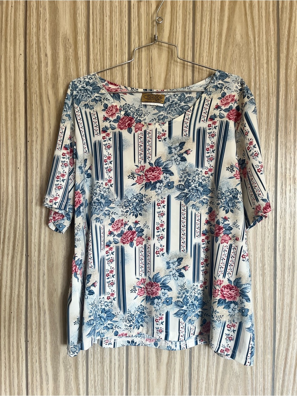 Vintage 24k Floral Stripe Scoop Neck Tee - Blue & Pink 1X